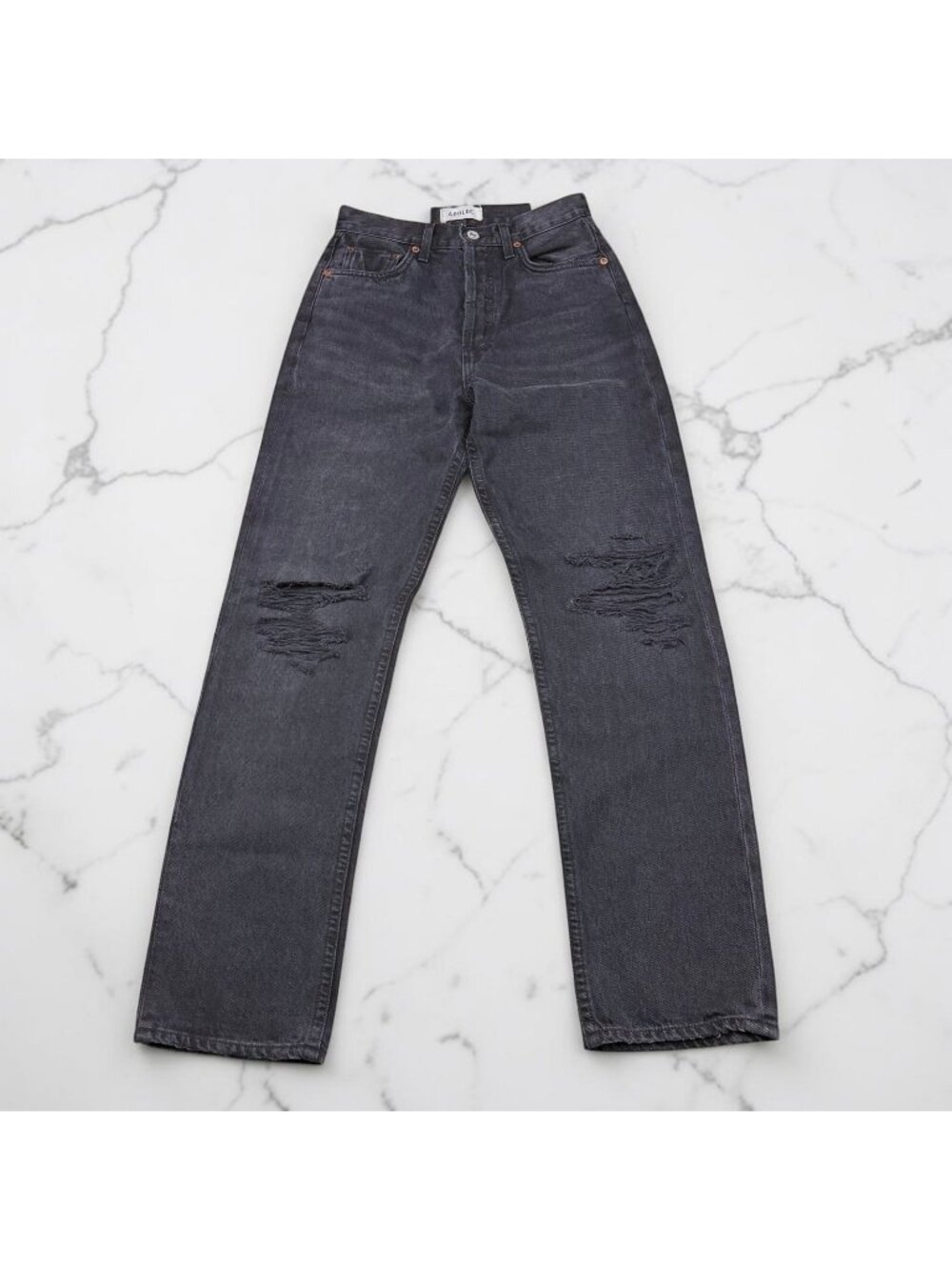 Agolde 90's Pinch Waist Straight Leg Distressed Jeans Womens 23 Fuse Black